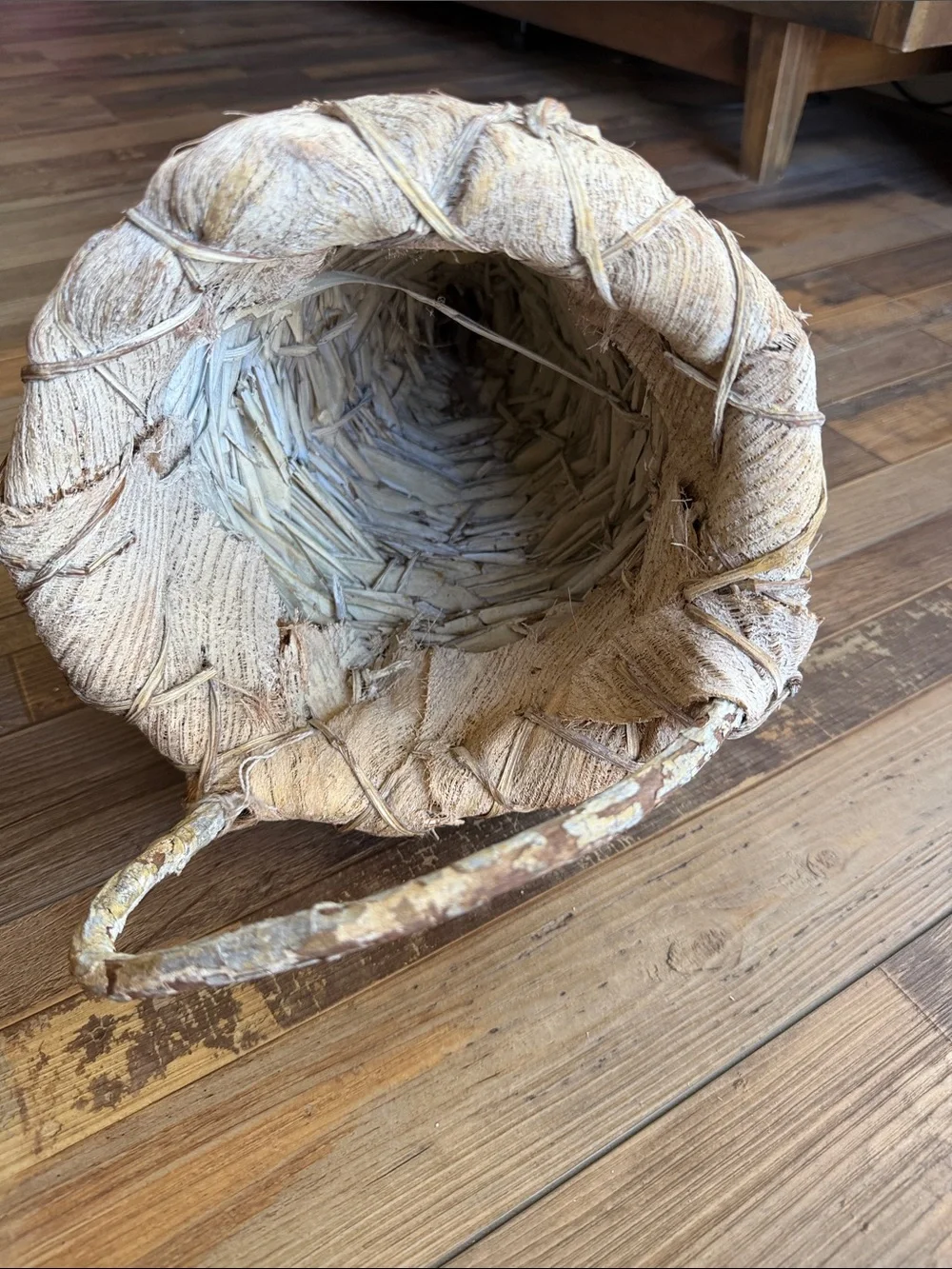 Organic Handmade Palm Frond Husk Wall Hanging Basket with Curved Branch Handle